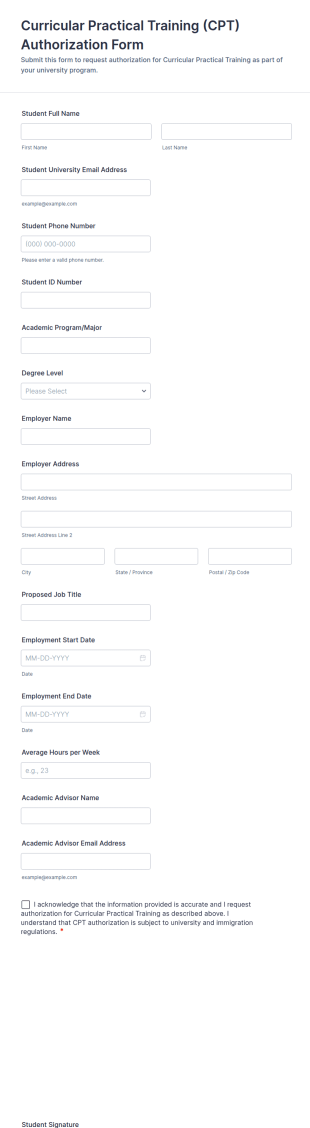 Curricular Practical Training (CPT) Authorization Form Template