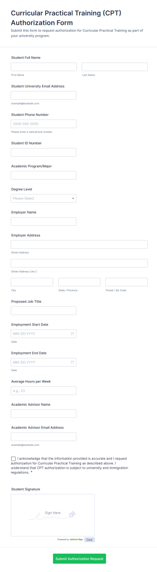 Curricular Practical Training (CPT) Authorization Form Template