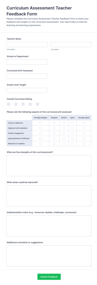 Curriculum Assessment Teacher Feedback Form Template