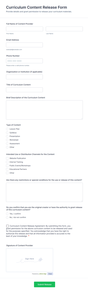 Curriculum Content Release Form Template