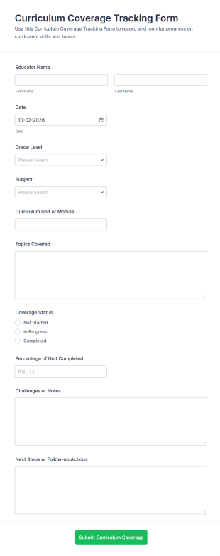 Curriculum Coverage Tracking Form Template