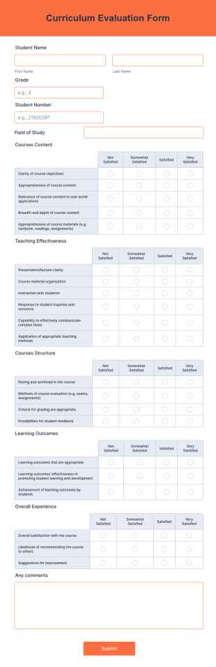 Curriculum Evaluation Form Template