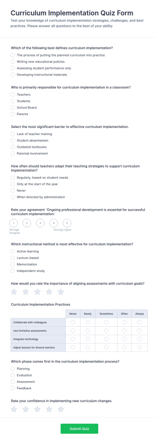 Curriculum Implementation Quiz Form Template