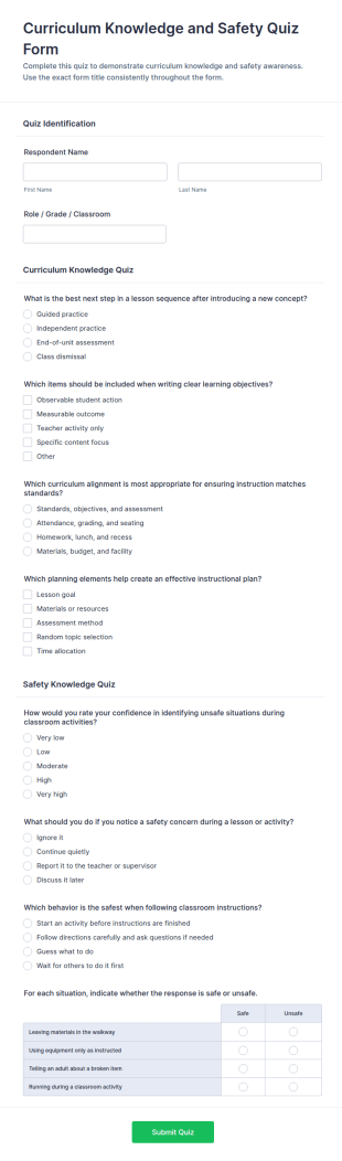 Curriculum Knowledge And Safety Quiz Form Template