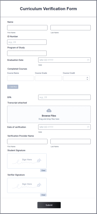 Curriculum Verification Form Template