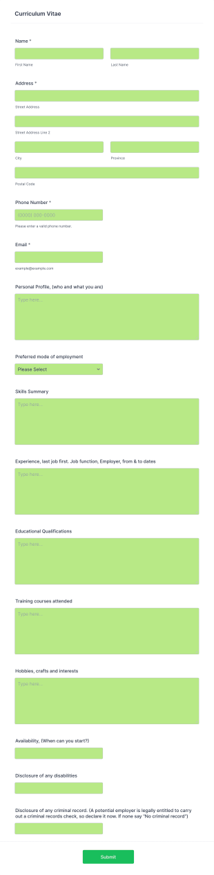 Curriculum Vitae Creation Form Template