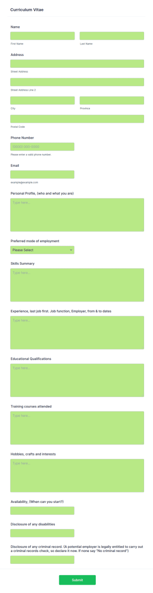 Curriculum Vitae Creation Form Template