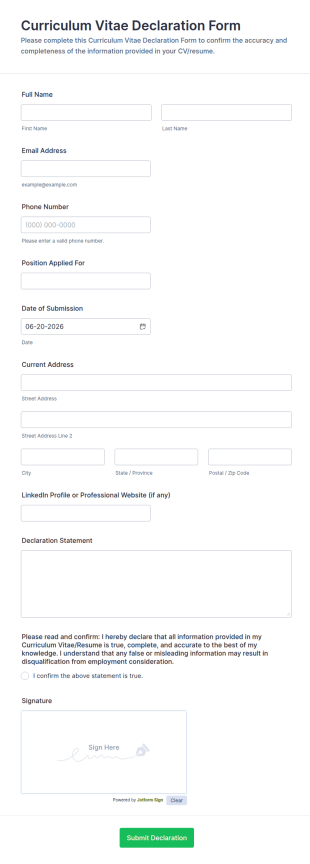 Curriculum Vitae Declaration Form Template