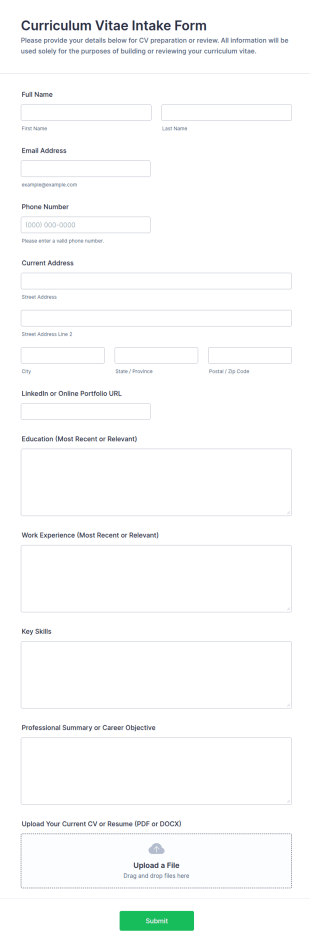 Curriculum Vitae Intake Form Template