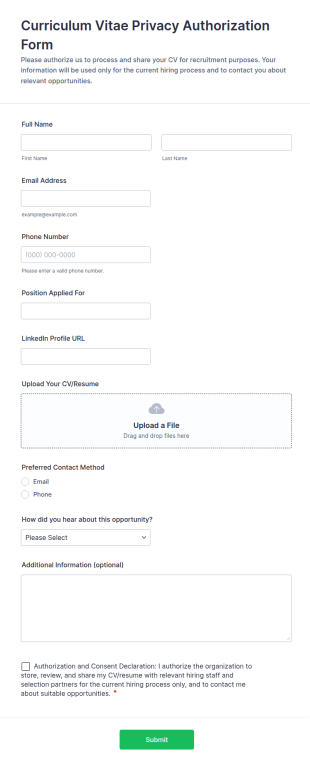 Curriculum Vitae Privacy Authorization Form Template