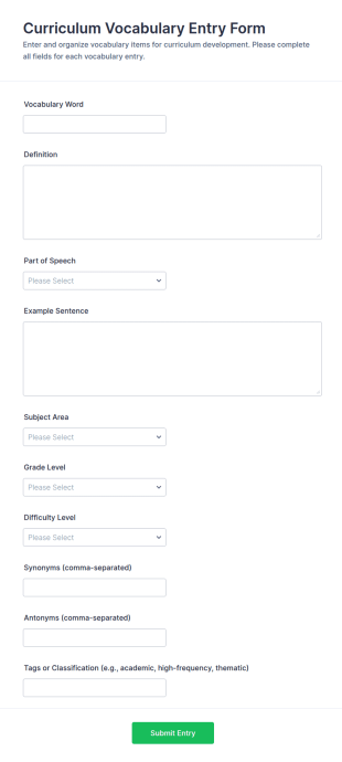 Curriculum Vocabulary Entry Form Template