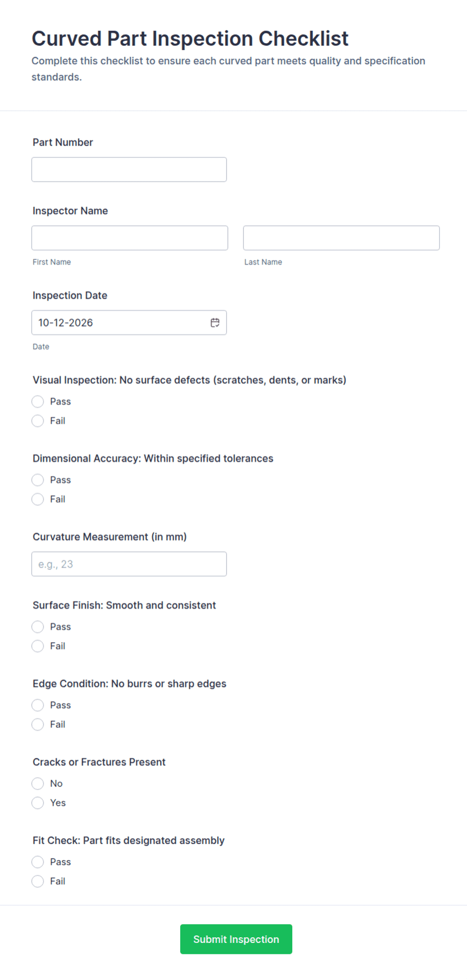 Curved Part Inspection Checklist Form Template | Jotform