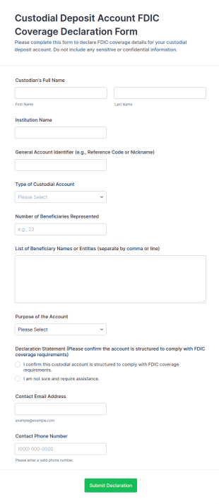 Custodial Deposit Account FDIC Coverage Declaration Form Template