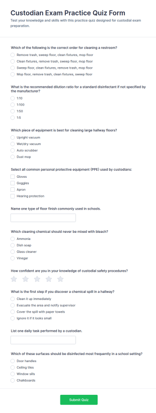 Custodian Exam Practice Quiz Form Template