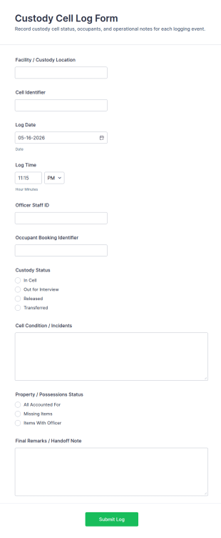 Custody Cell Log Form Template