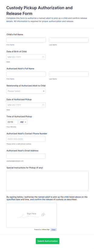 Custody Pickup Authorization And Release Form Template