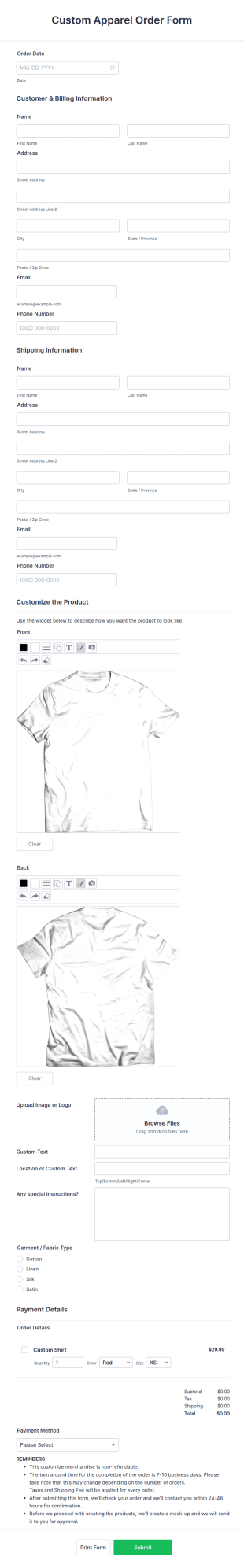 Custom Apparel Order Form Template