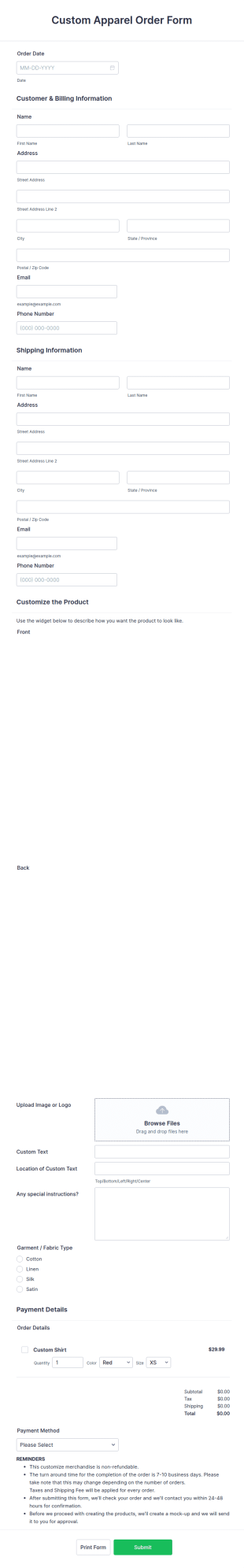 Custom Apparel Order Form Template