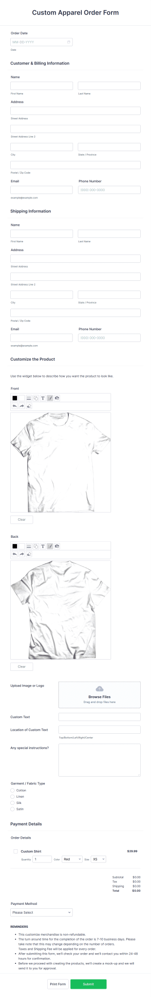 Custom Apparel Order Form Template