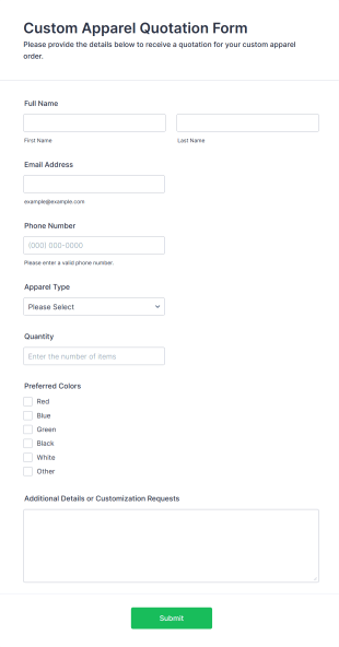 Custom Apparel Quotation Form Template