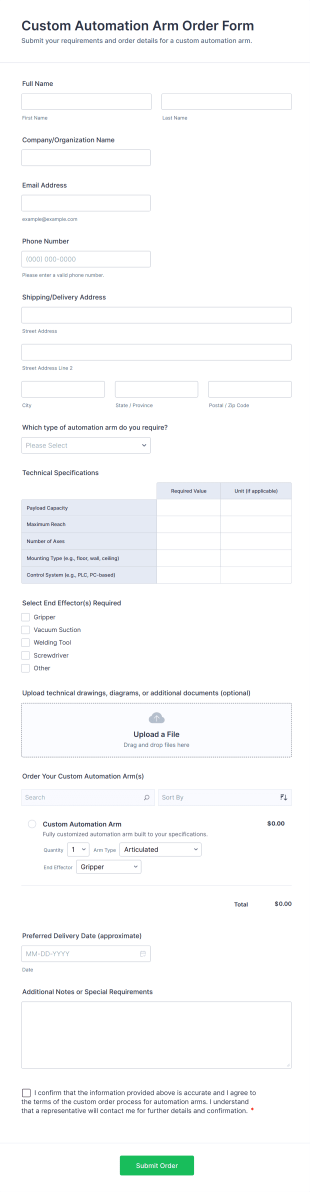 Custom Automation Arm Order Form Template