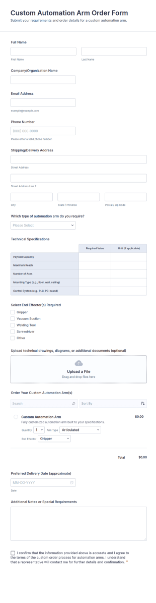 Custom Automation Arm Order Form Template