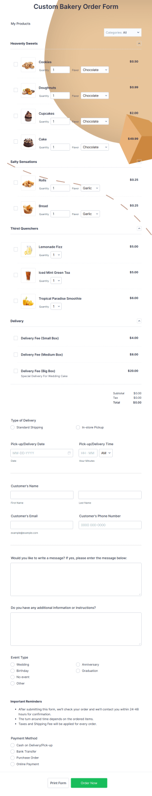 Custom Bakery Order Form Template