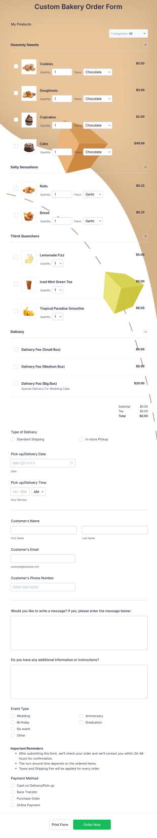 Custom Bakery Order Form Template