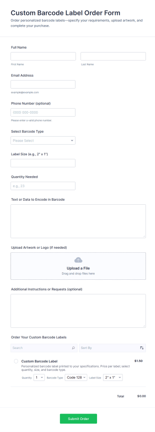 Custom Barcode Label Order Form Template