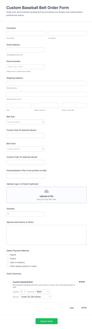 Custom Baseball Belt Order Form Template