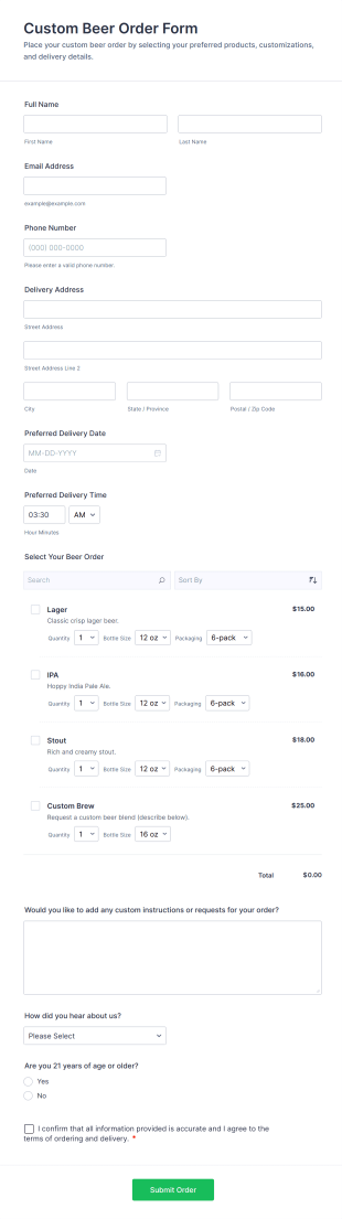 Custom Beer Order Form Template