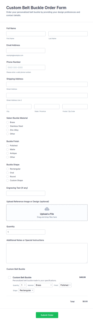 Custom Belt Buckle Order Form Template