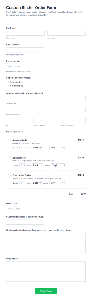 Custom Binder Order Form Template