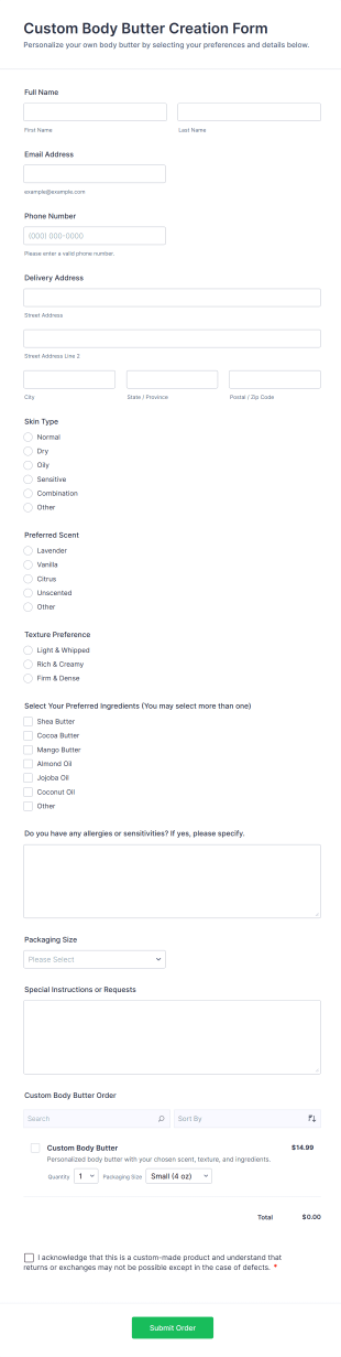 Custom Body Butter Creation Form Template
