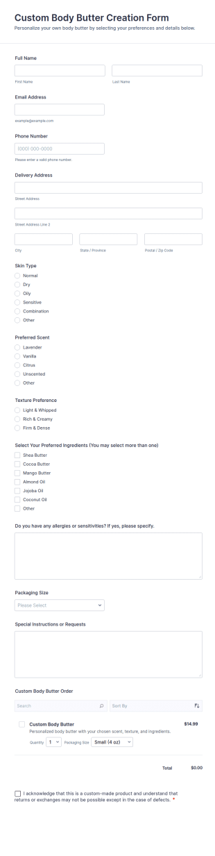 Custom Body Butter Creation Form Template