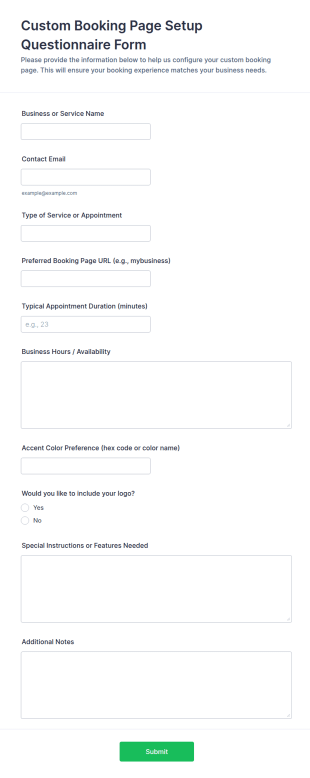 Custom Booking Page Setup Questionnaire Form Template