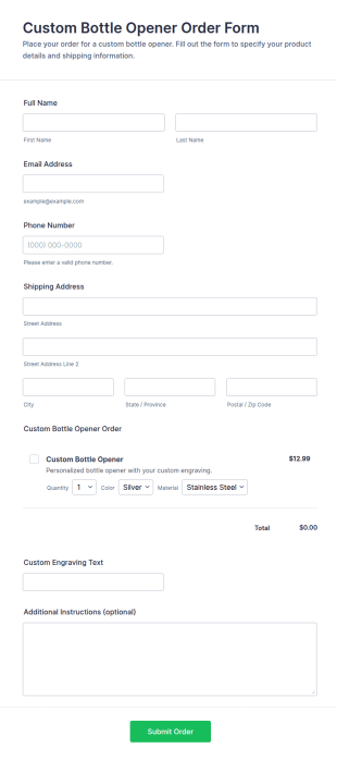 Custom Bottle Opener Order Form Template