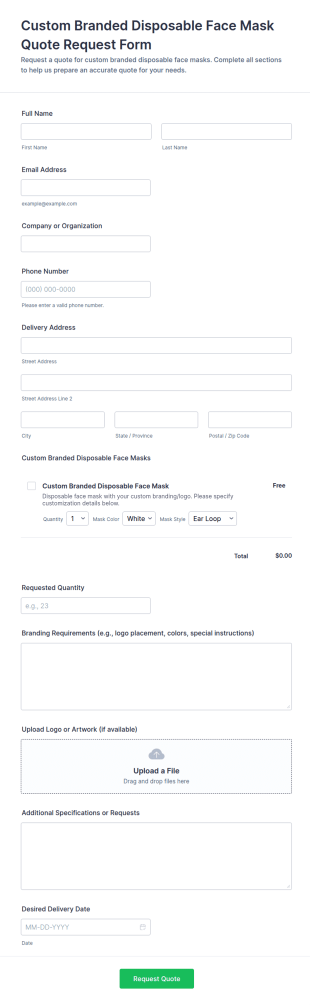 Custom Branded Disposable Face Mask Quote Request Form Template