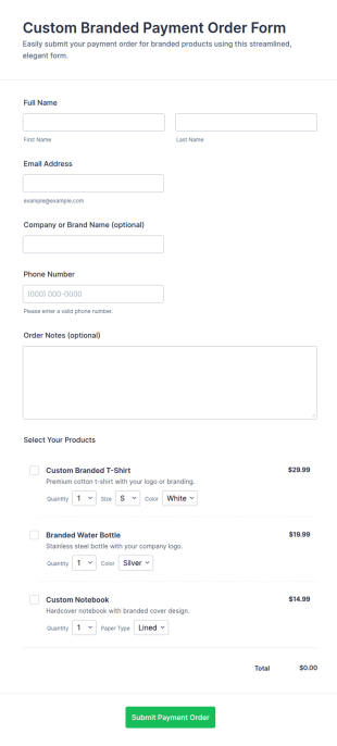 Custom Branded Payment Order Form Template