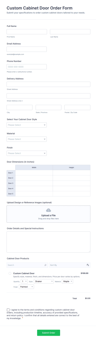 Custom Cabinet Door Order Form Template