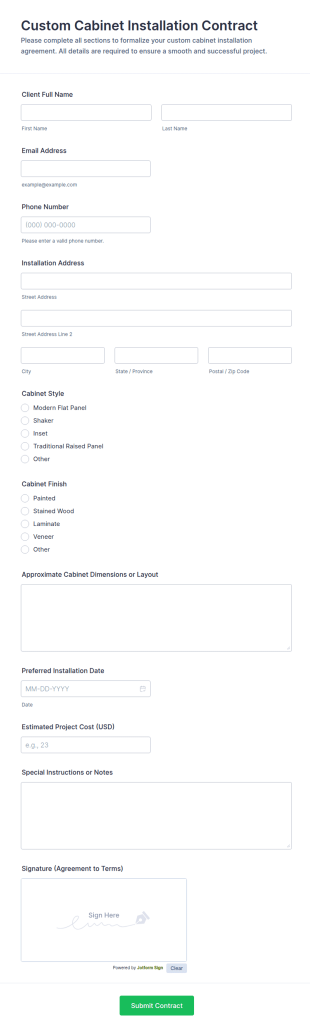 Custom Cabinet Installation Contract Form Template