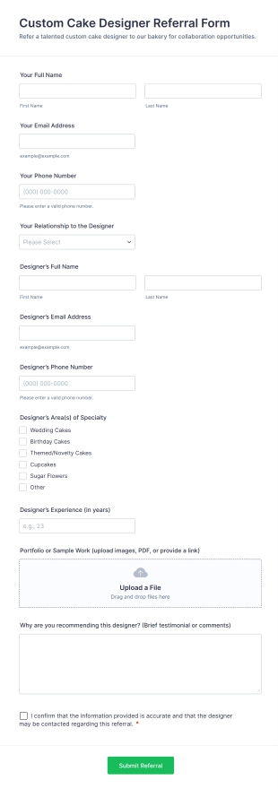 Custom Cake Designer Referral Form Template