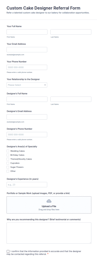 Custom Cake Designer Referral Form Template