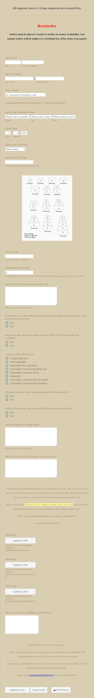 Custom Cake Order Inquiry Form Template