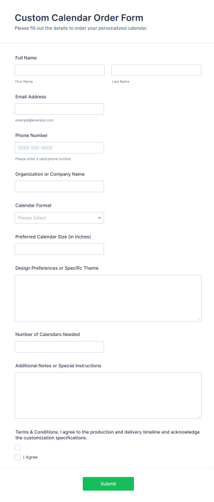 Custom Calendar Order Form Template