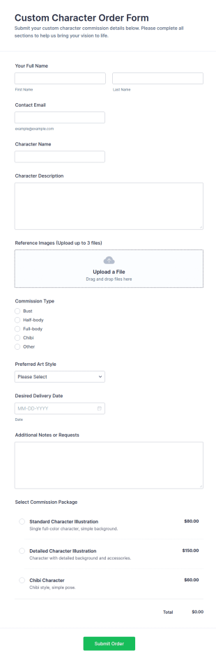 Custom Character Order Form Template