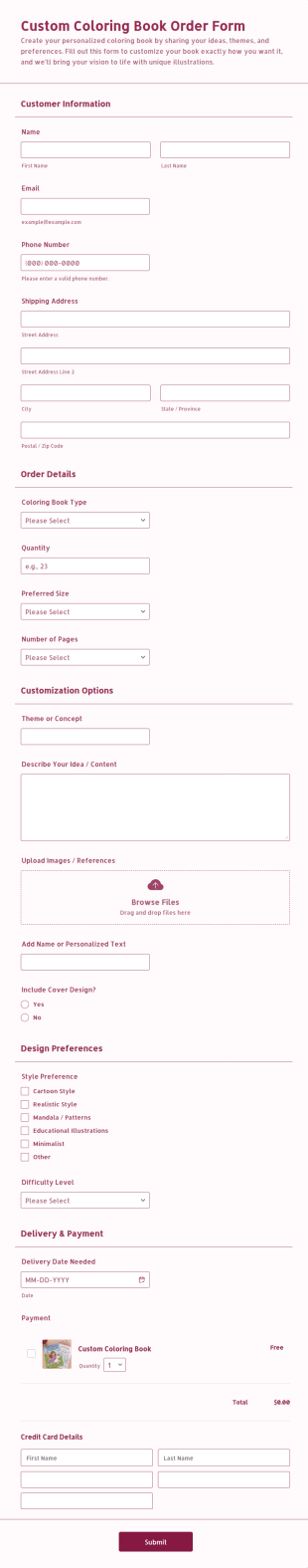 Custom Coloring Book Order Form Template