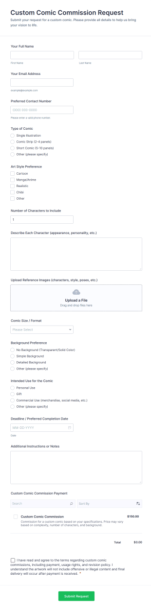 Custom Comic Commission Request Form Template