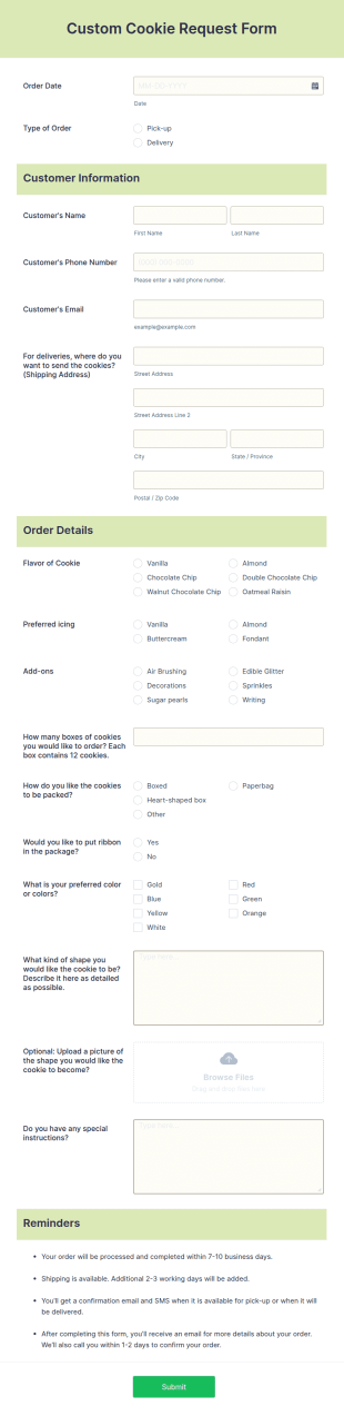 Custom Cookie Request Form Template