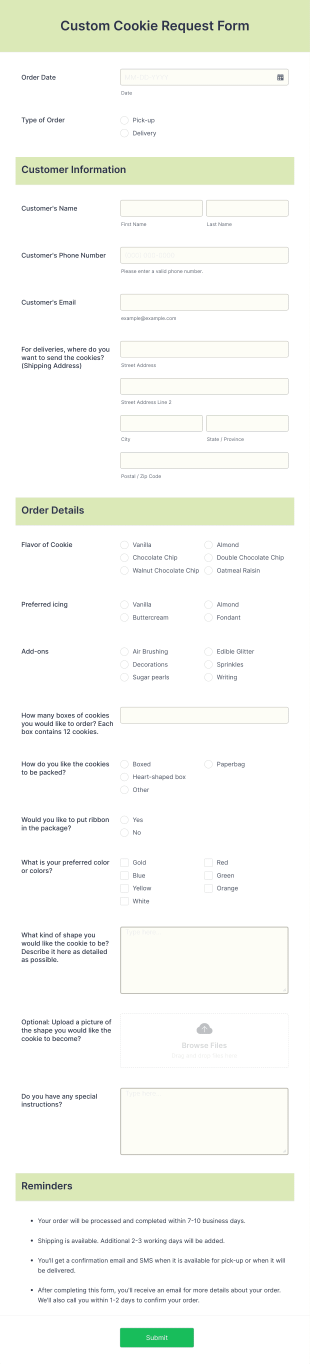 Custom Cookie Request Form Template